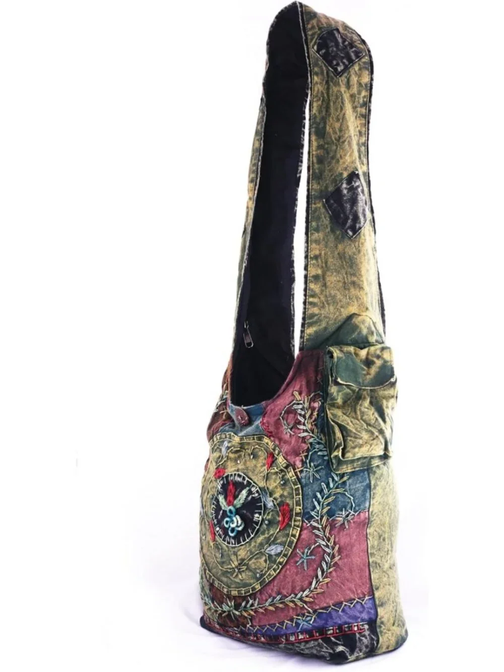 Large Handmade Cotton Jacquard Crossbody Bag - Embroidered Hobo Purse, Top Zip